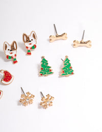 Gold Dog & Bone Christmas Stud Earrings 5-Pack - link has visual effect only