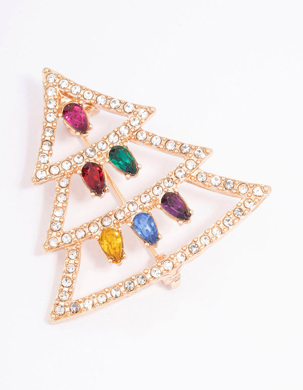 Gold Christmas Tree & Christmas Lights Brooch