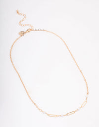 Gold Pearl Rectangle Link Short Necklace - link has visual effect only