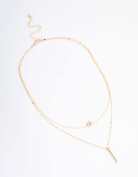 Gold Bar & Ball Double Chain Short Layered Necklace - link has visual effect only