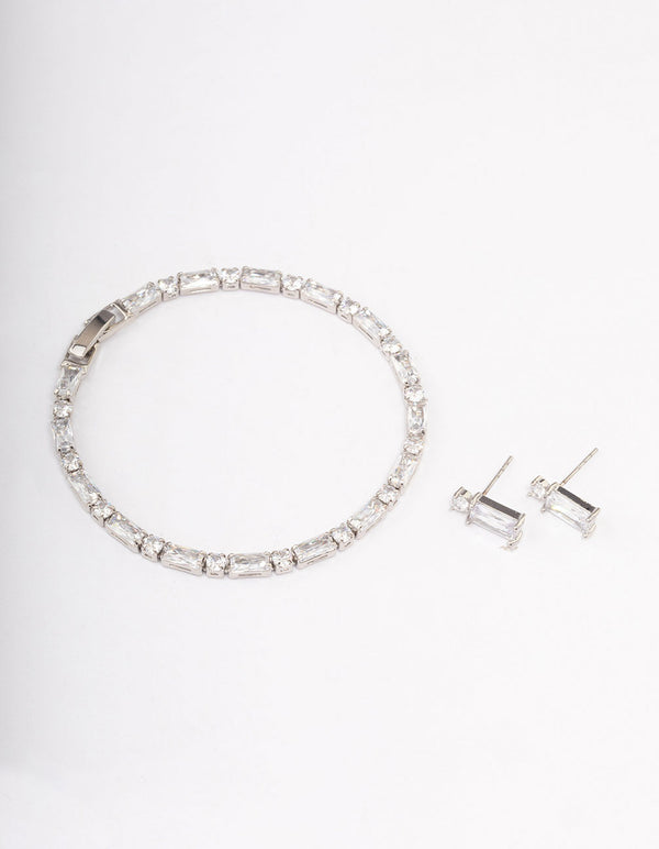 Rhodium Cubic Zirconia Baguette Earrings & Tennis Bracelet Set