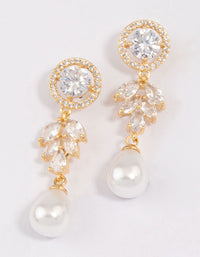 Gold Plated Round Leaf & Pearl Drop Earrings - link has visual effect only