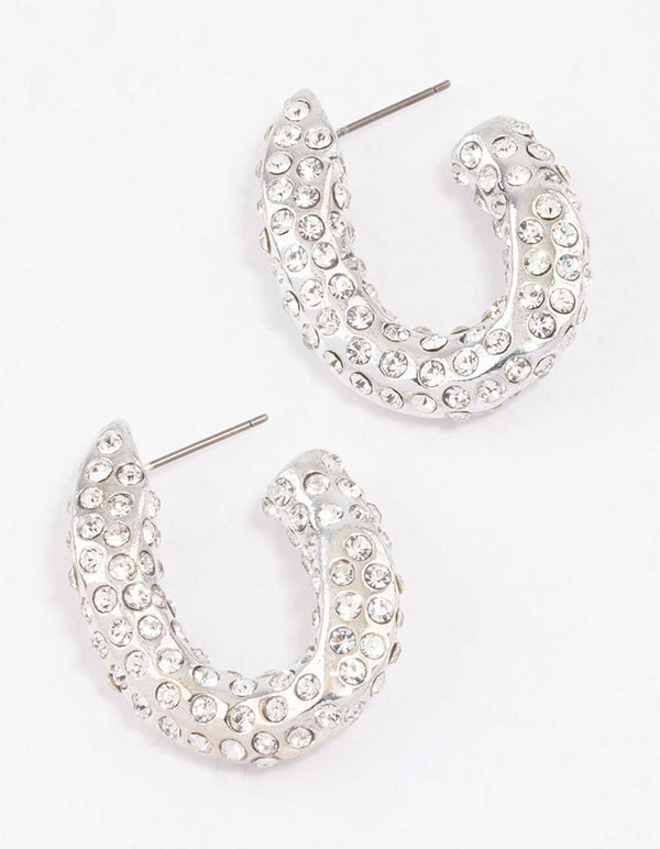 Rhodium Paved Curve Hoop Earrings