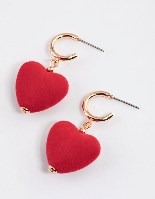 Gold Puffy Fuzzy Heart Drop Earrings