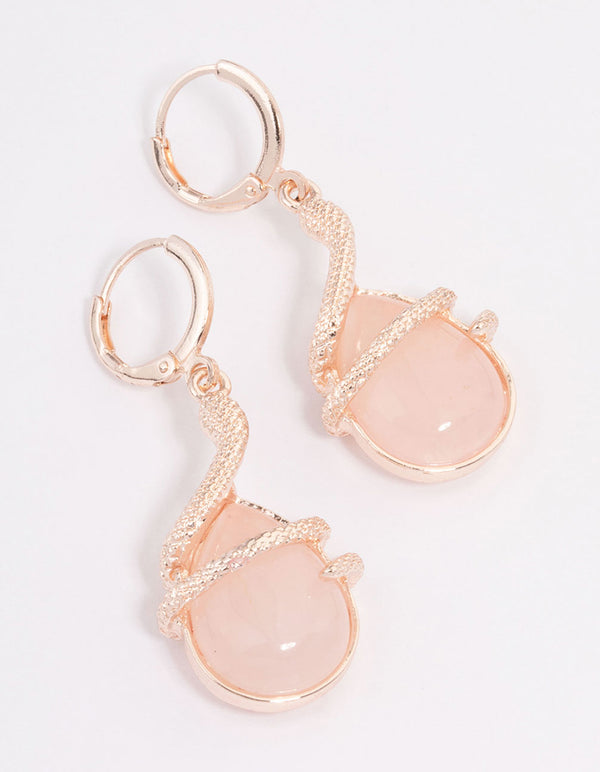 Rose Gold Rose Quartz Snake Wrapped Drop Earrings