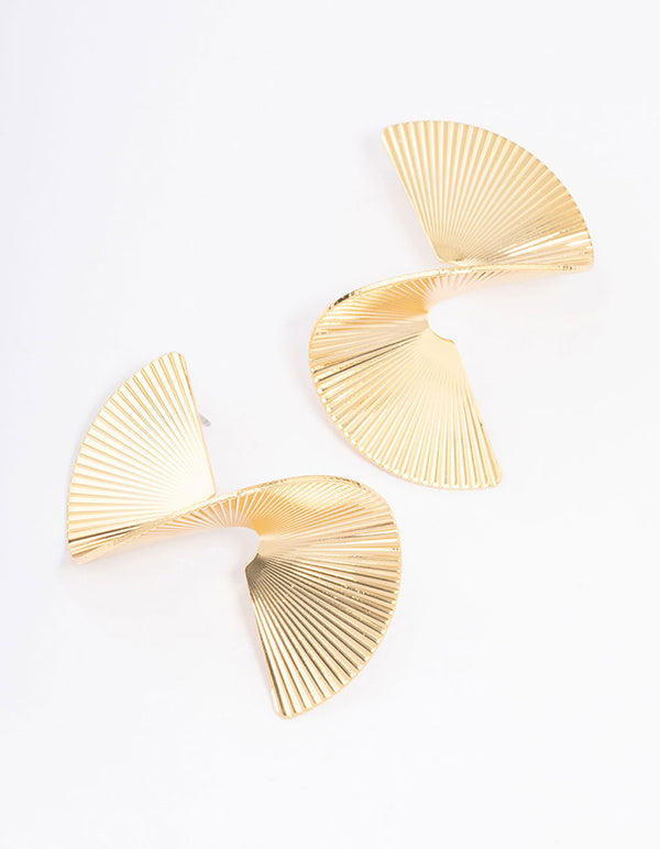 Gold Plated Twisted Fan Statement Stud Earrings