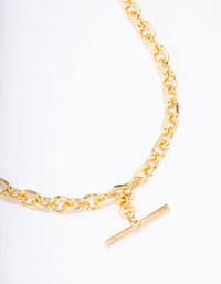 Gold Plated Link T Bar Chain Necklace - link has visual effect only