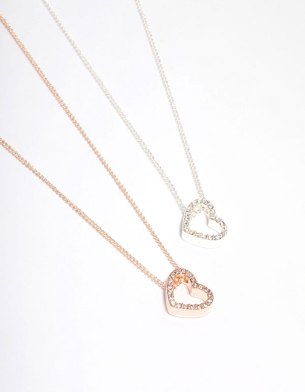 Mixed Metal Diamante Side Heart Necklace Pack