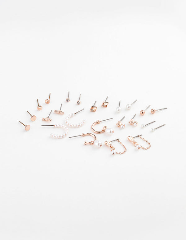 Rose Gold Pearl Mixed Stud & Hoop Earring 12-Pack