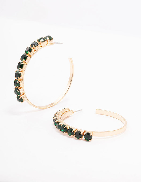 Green Round Diamante Medium Hoop Earrings