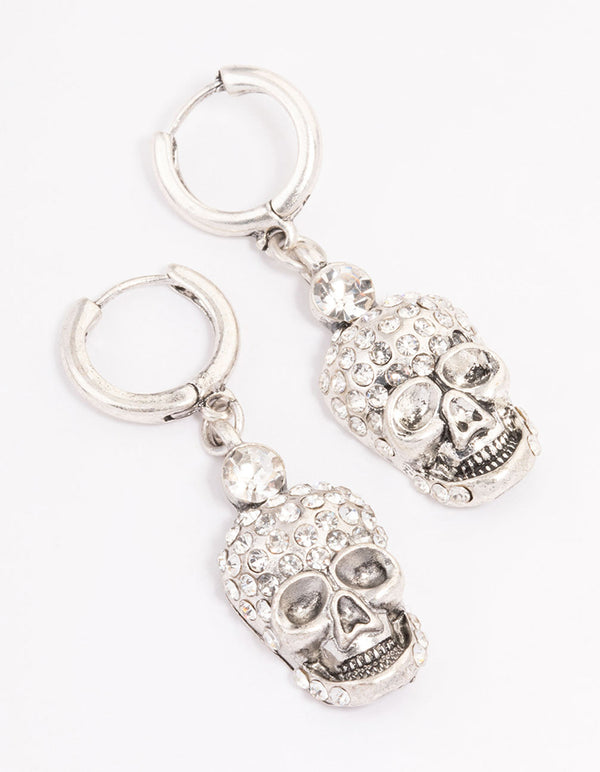 Rhodium Mini Skull Drop Earrings