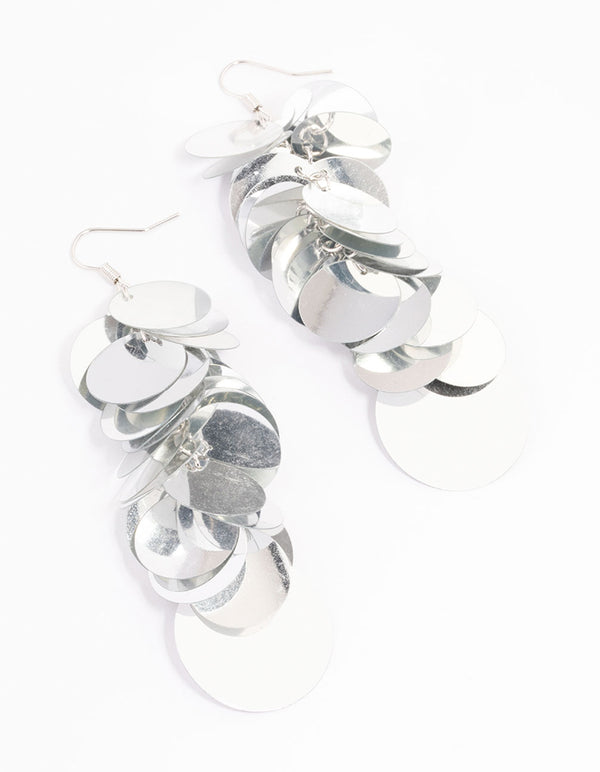 Rhodium Round Sequined Drop Earrings