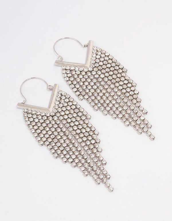 Rhodium Diamante Tassel Cupchain Hoop Earrings