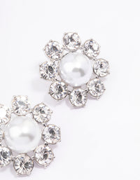 Silver Diamante & Pearl Flower Stud Earrings - link has visual effect only