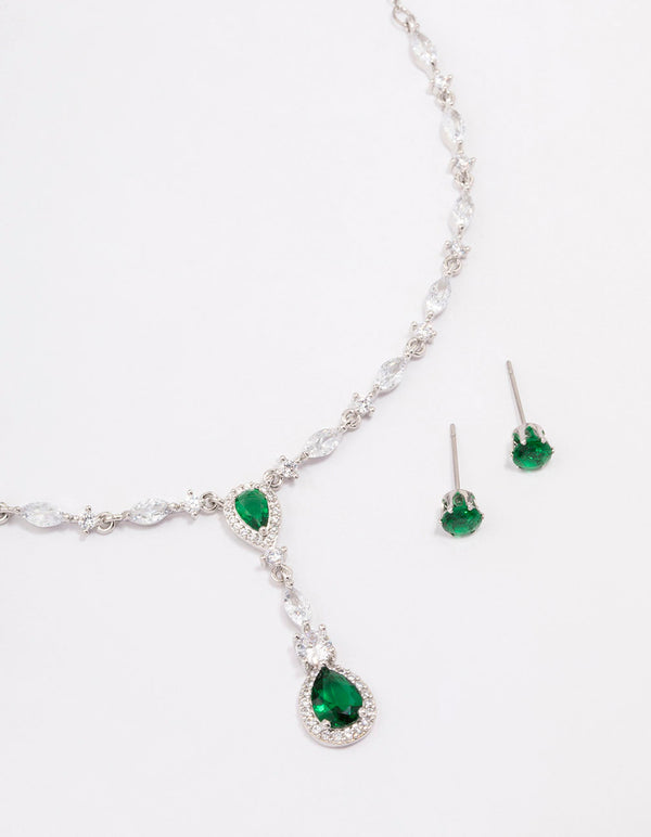 Silver Emerald Oval Pear Jewellery Set