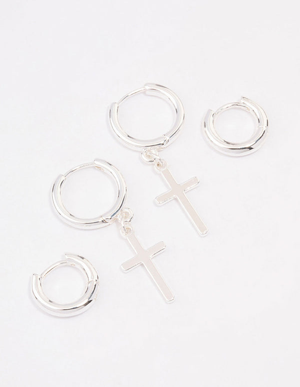 Silver Plated Cross Huggie Earring Pack