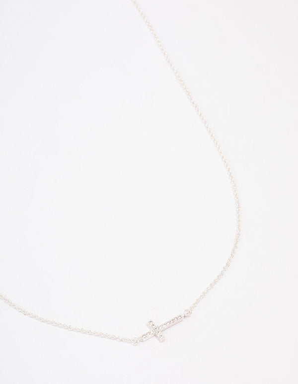 Silver Plated Diamante Cross Fine Pendant Necklace