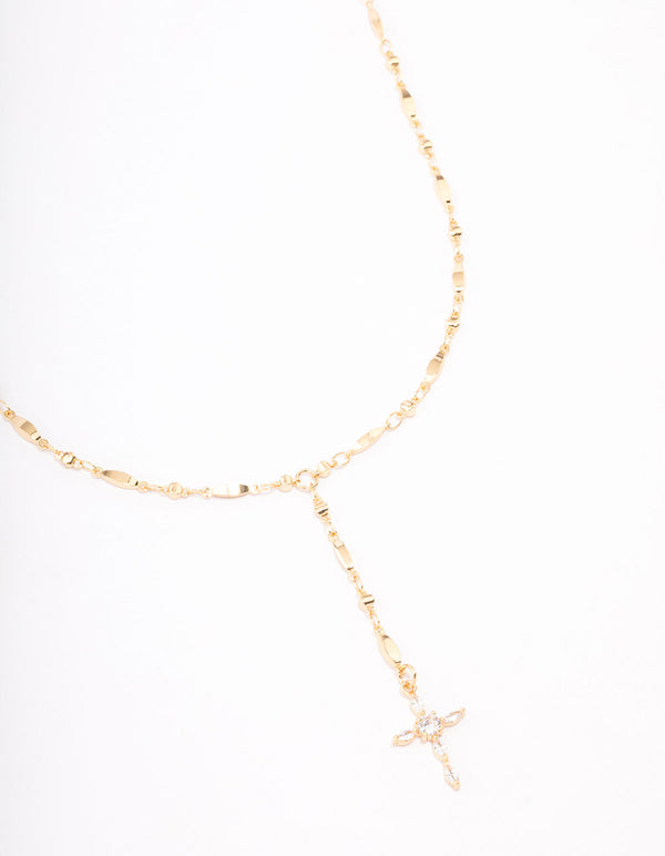 Gold Plated Marquise Cubic Zirconia Cross Y-Necklace