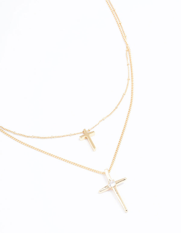 Gold Plated Layered Cross Necklace