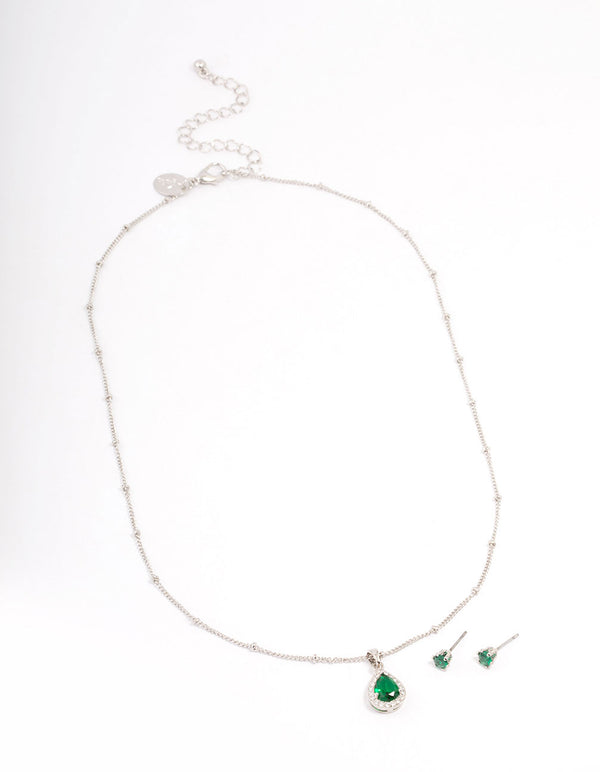 Silver Cubic Zirconia Emerald Earring & Necklace Set