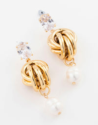 Gold Plated Cubic Zirconia & Freshwater Pearl Knotted Drop Earrings - link has visual effect only