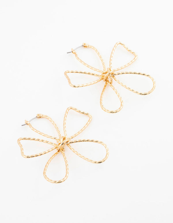 Gold Plated Textured Wire Flower Statement Earrings