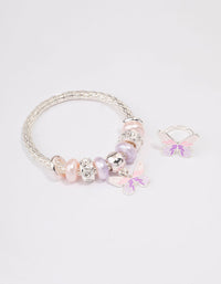 Kids Silver Stretch Glitter Butterfly Bracelet & Ring Set - link has visual effect only