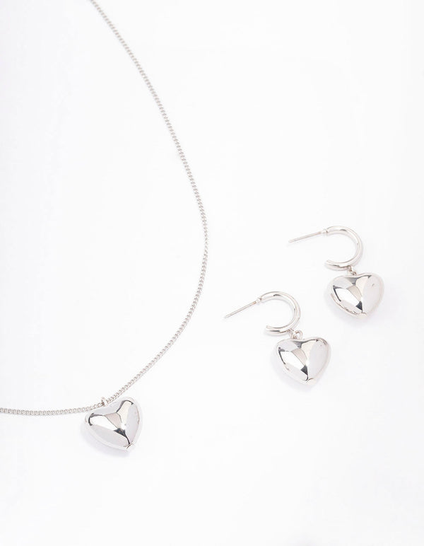 Silver Bold Heart Necklace & Earrings Jewellery Set