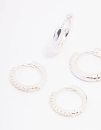 Silver Cubic Zirconia Minimal Huggie Hoop Earrings 3-Pack - link has visual effect only