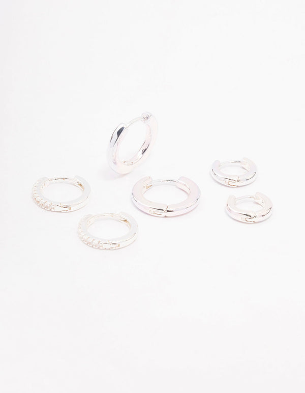 Silver Cubic Zirconia Minimal Huggie Hoop Earrings 3-Pack