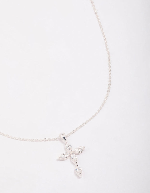 Silver Plated Large Marquise Cross Pendant Necklace