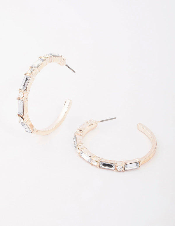 Rose Gold Baguette Medium Hoop Earrings