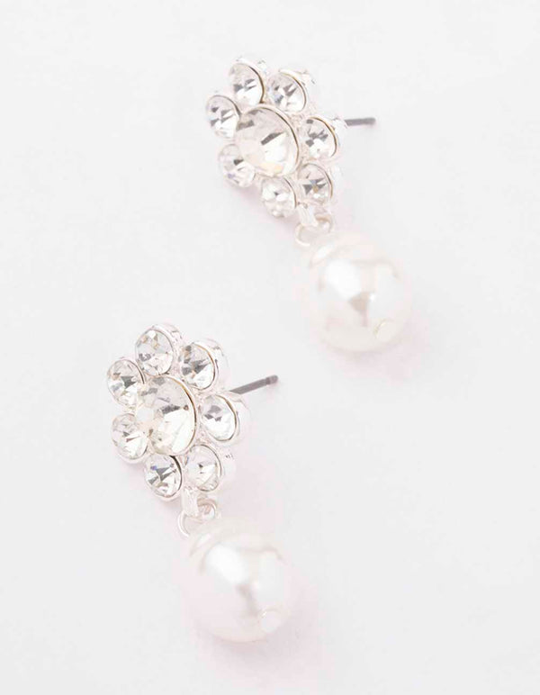 Silver Diamante Flower Pearl Drop Earrings