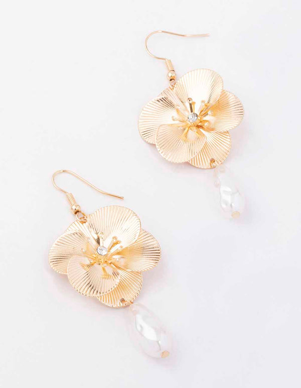 Gold Pearl & Diamante Flower Drop Earrings