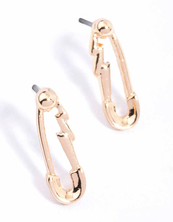 Gold Zig Zag Safety Pin Stud Earrings