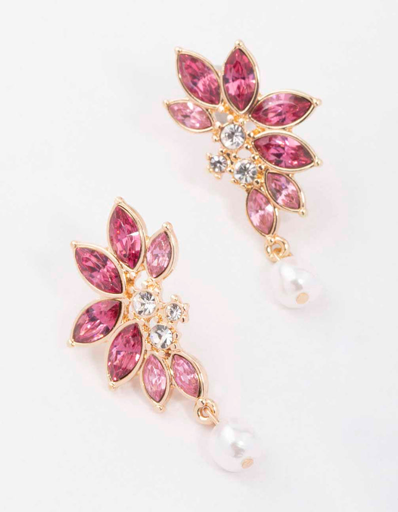 Gold & Pink Diamante Marquise Pearl Stud Earrings - Lovisa