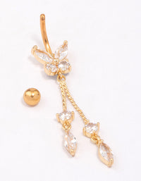 Gold Plated Surgical Steel Butterfly Cubic Zirconia Chain Belly Ring - link has visual effect only