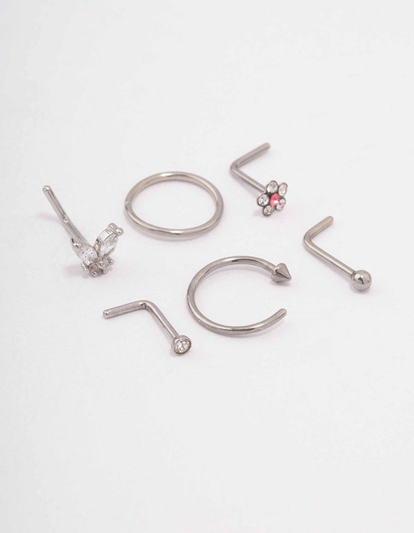 Surgical Steel Butterfly & Flower Nose Piercing 6-Pack