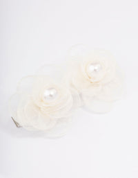 Silver & White Fabric Pearl Flower Hair Clip - link has visual effect only