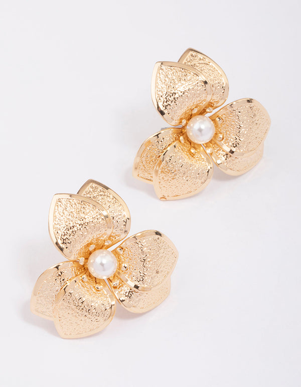 Gold Foiled Petal Pearl Stud Earrings