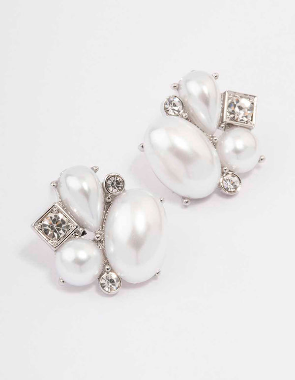 Silver Pearl Diamante Marquise Stud Earrings