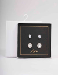 Silver Oval Halo Diamante Stud Earring Pack - link has visual effect only