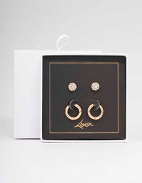 Gold Halo Diamante Stud & Hoop Earring Pack - link has visual effect only