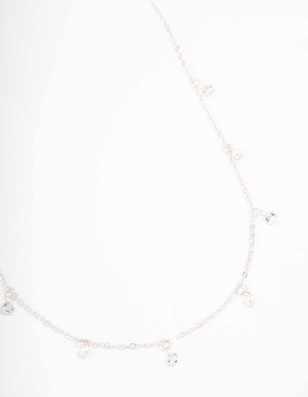 Silver Diamante & Pearl Drop Station Necklace