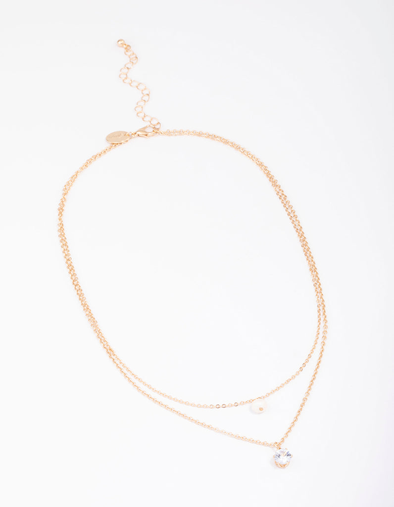 Gold Double Chain Pearl & Diamante Necklace - Lovisa