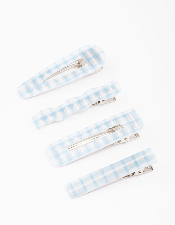 Blue Mixed Check Gingham Hair Clip 4-Pack