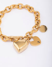 Gold Plated Stainless Steel Puffy Heart Charm & Lock Bracelet - Lovisa