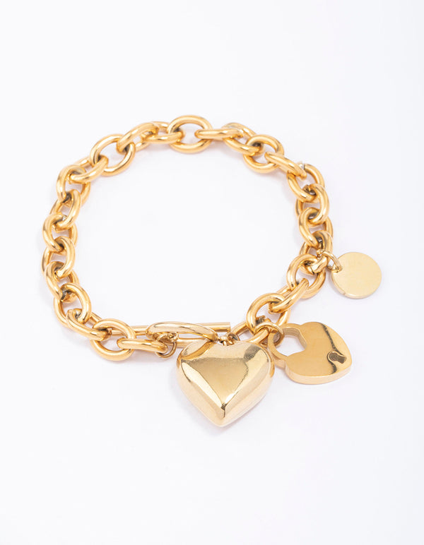 Waterproof Gold Plated Stainless Steel Puffy Heart Charm & Lock Bracelet