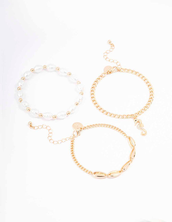 Gold Pearl Anklet & Bracelet 3-Pack