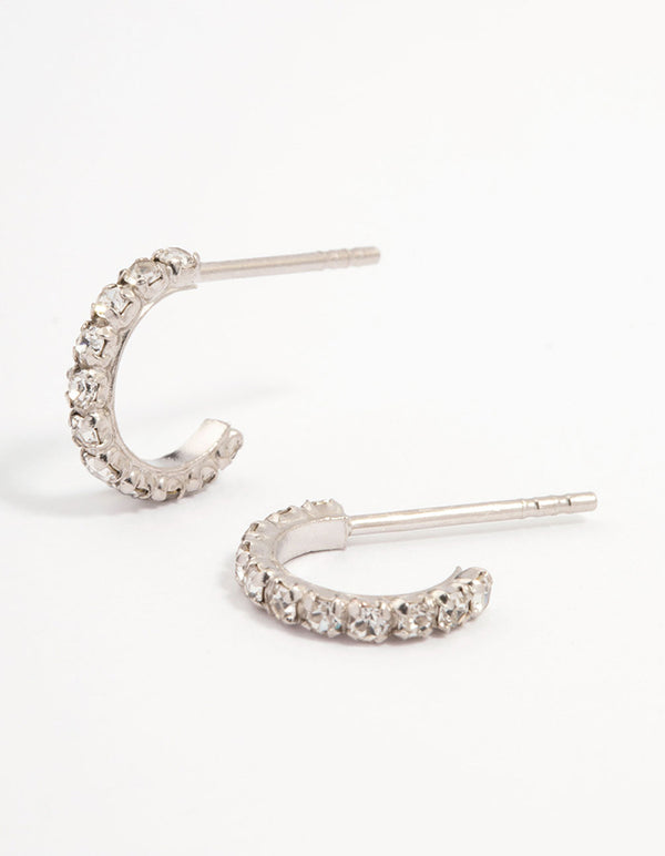 Platinum Sterling Silver Cubic Zirconia Mini Hoop Earrings